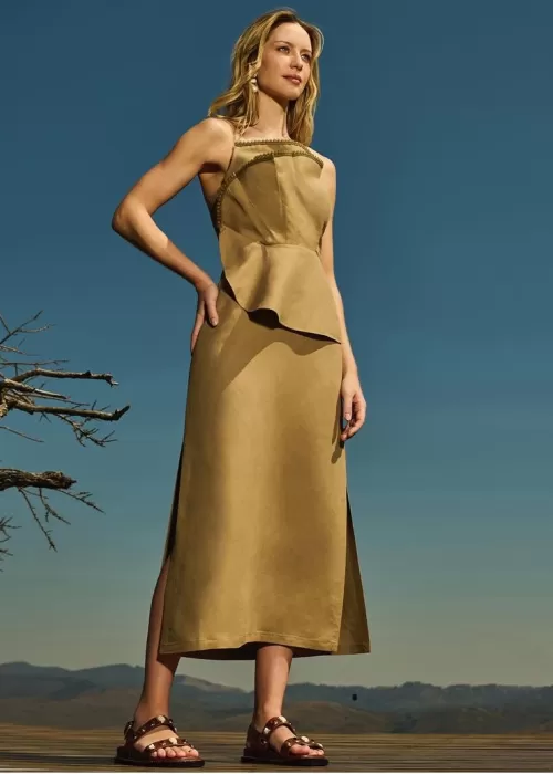 Saia Midi 3 Fendas Bege Incenso