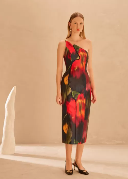 Vestido Justo Midi Assimétrico