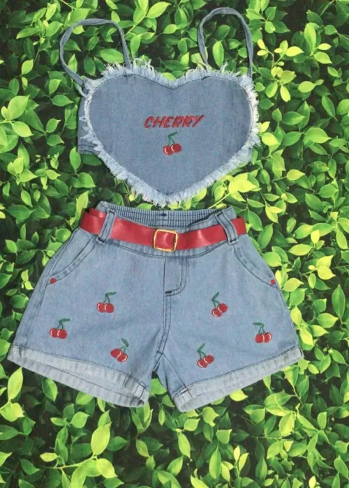 Conjunto Cropped Jeans Bordado