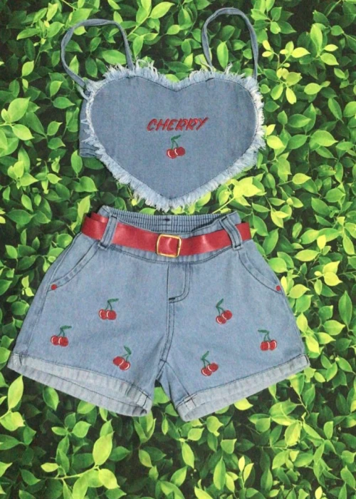 Conjunto Cropped Jeans Bordado