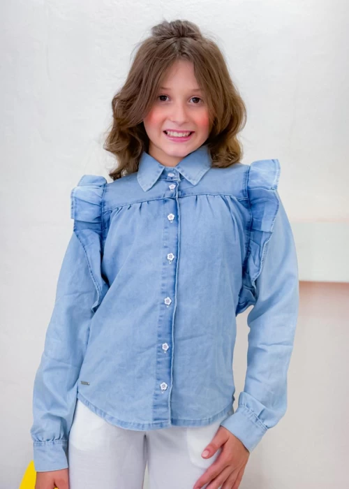 Camisa Jeans Feminina com Babado HAM001